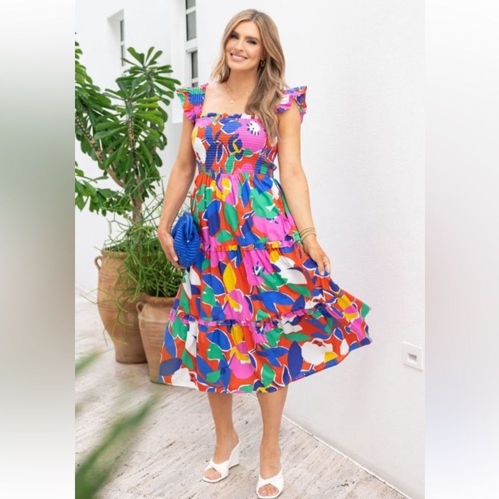 SUGARLIPS for AVARA Smocked Tiered Midi Dress Pink Floral Print Ruffle & Pockets